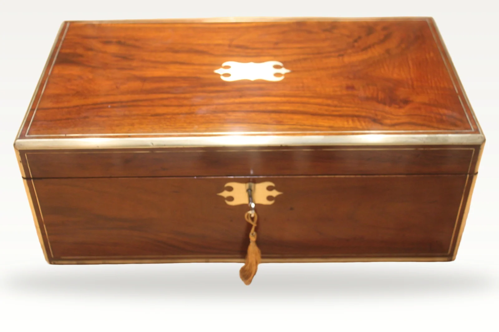 A large Victorian walnut and brass edged writing slope with secret drawers 4905