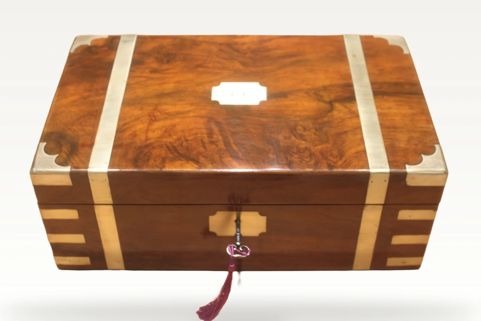 A good Victorian figured walnut brass bound writing slope + secret drawers 4914