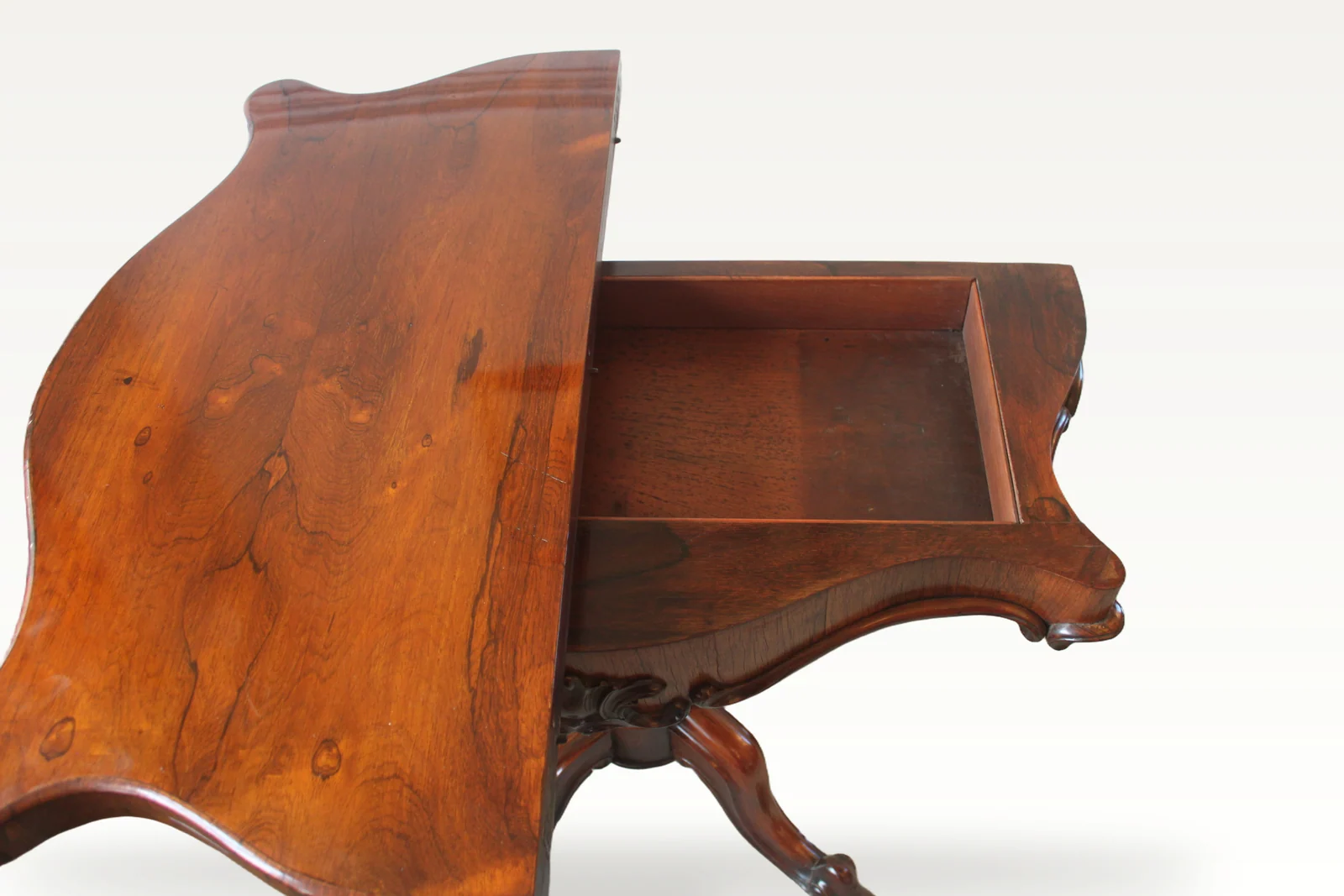 Victorian rosewood serpentine foldover tea table — view 5