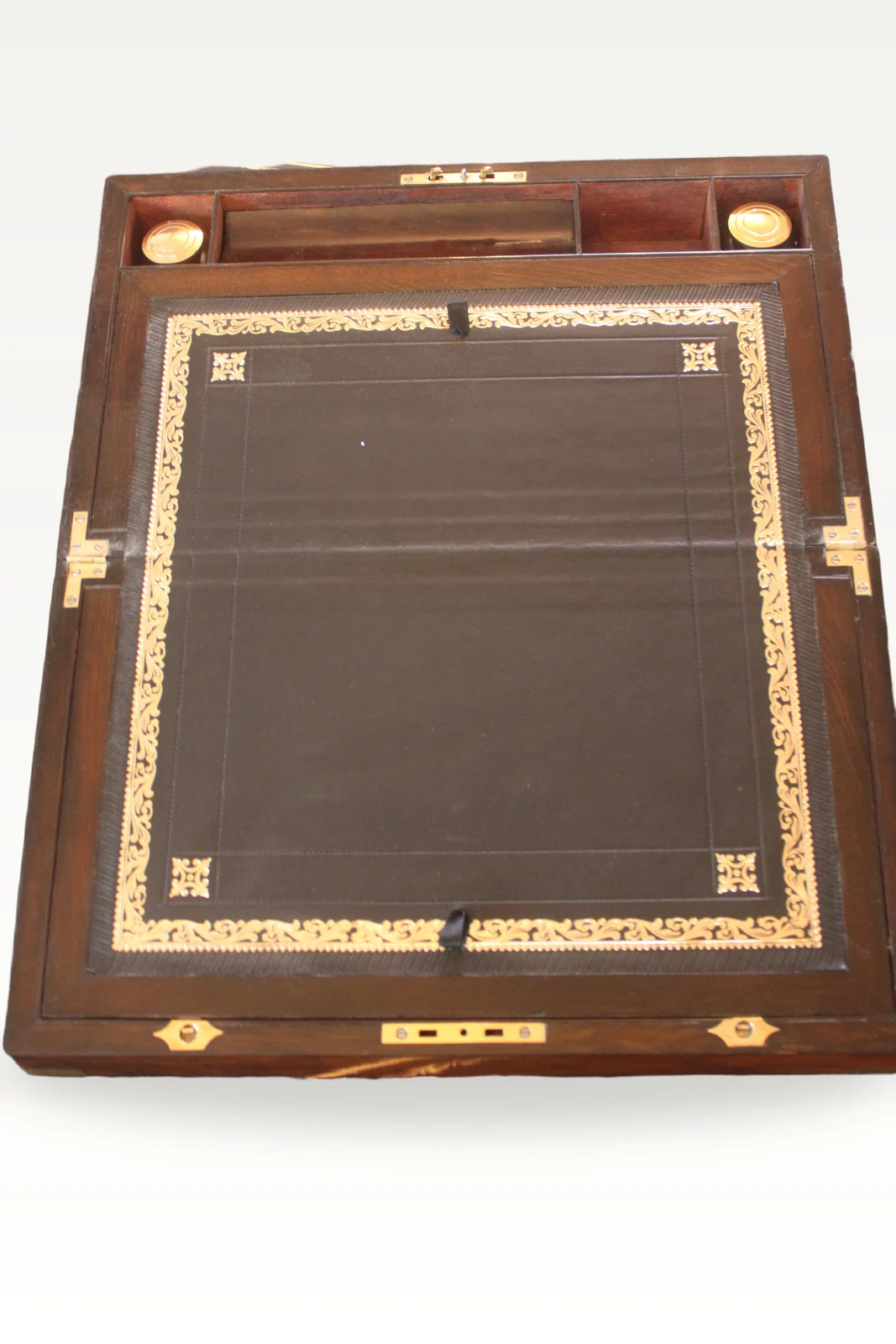 Victorian figured walnut writing slope with brass corners — view 5