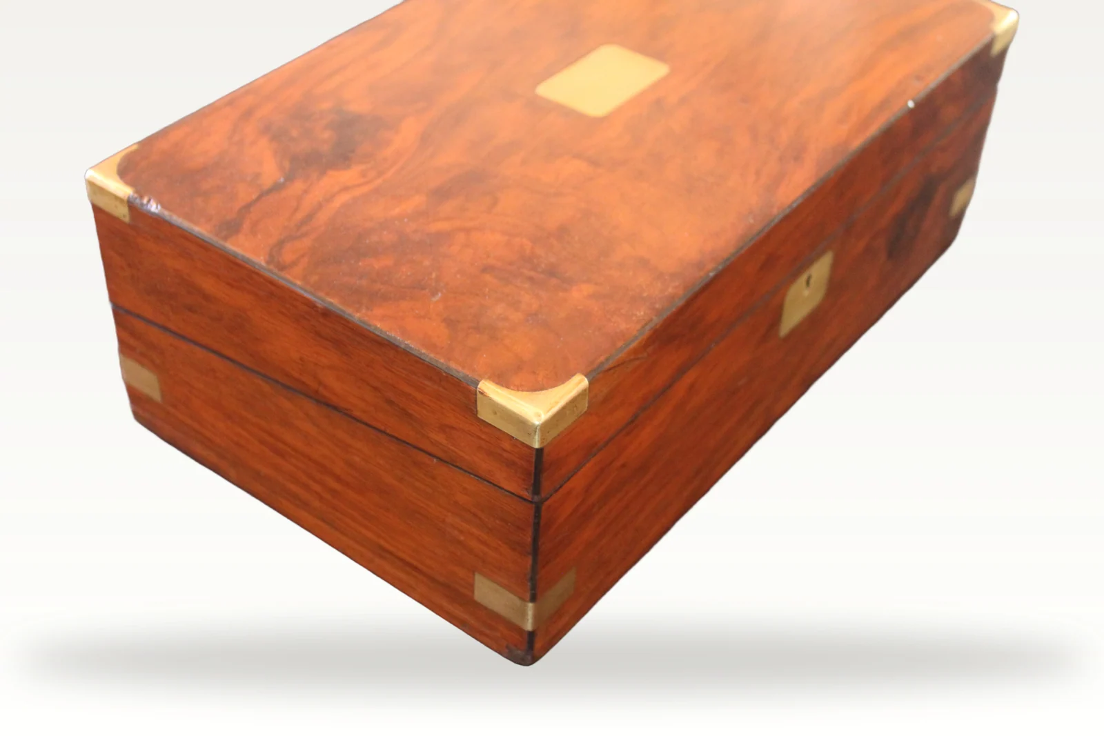 Victorian figured walnut writing slope with brass corners — view 2