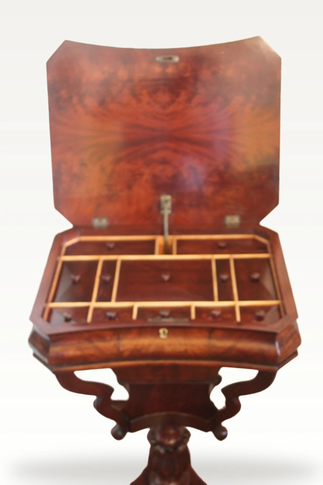 A lovely early Victorian curl grain mahogany sewing/work table — view 7