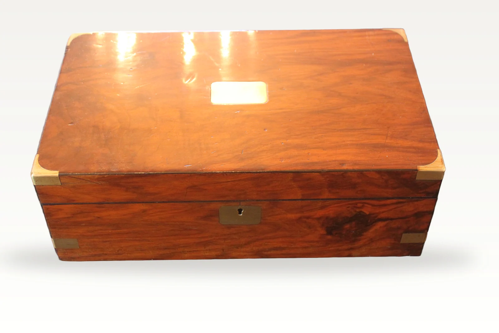 Victorian figured walnut writing slope with brass corners
