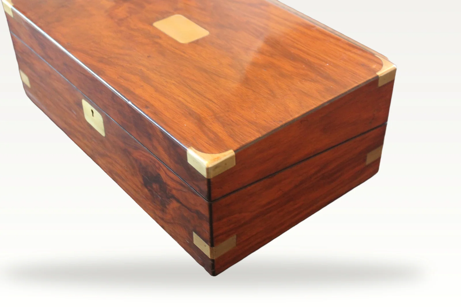 Victorian figured walnut writing slope with brass corners — view 3