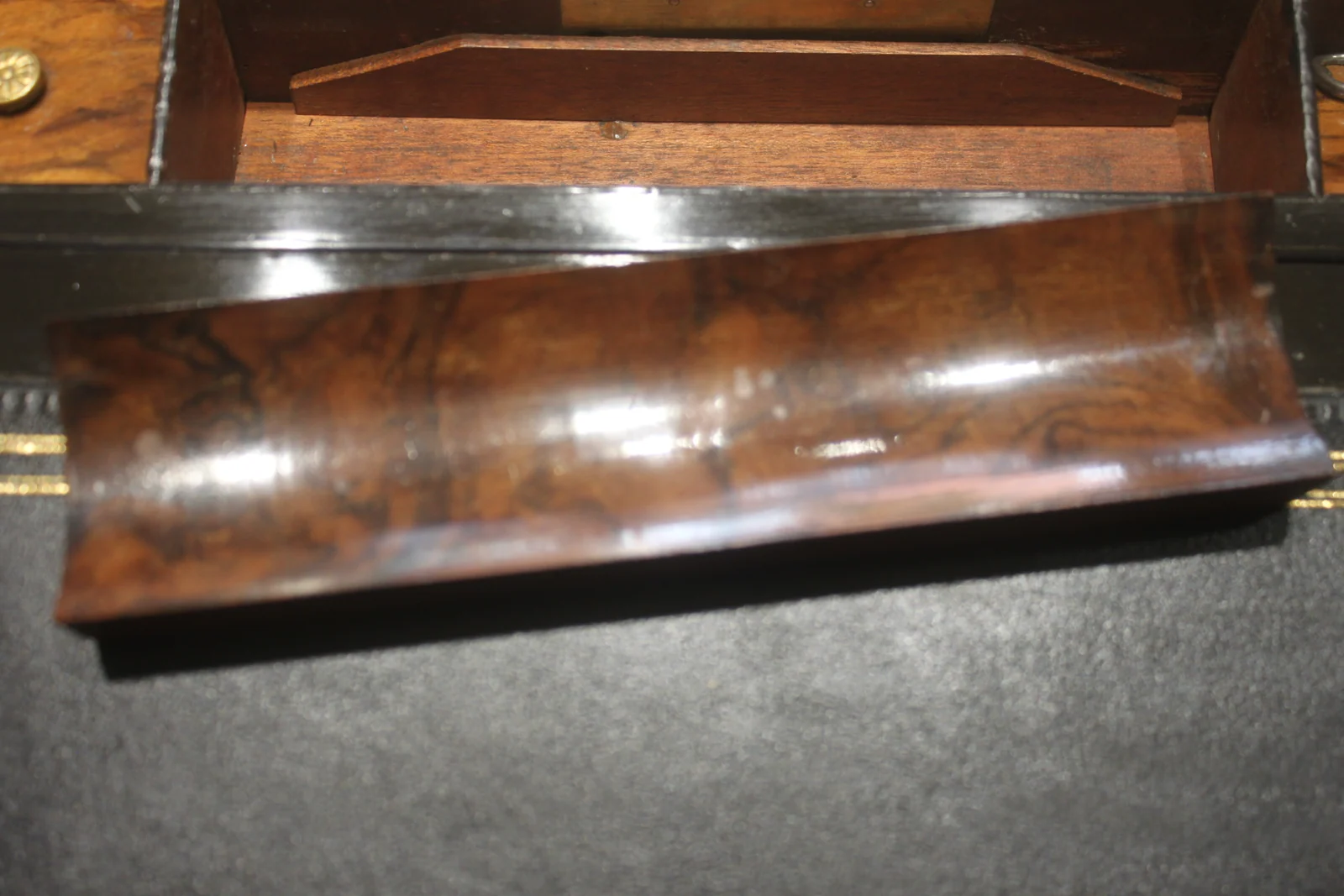 Victorian walnut and brass bound writing slope with Bramah lock, key and secret — view 8
