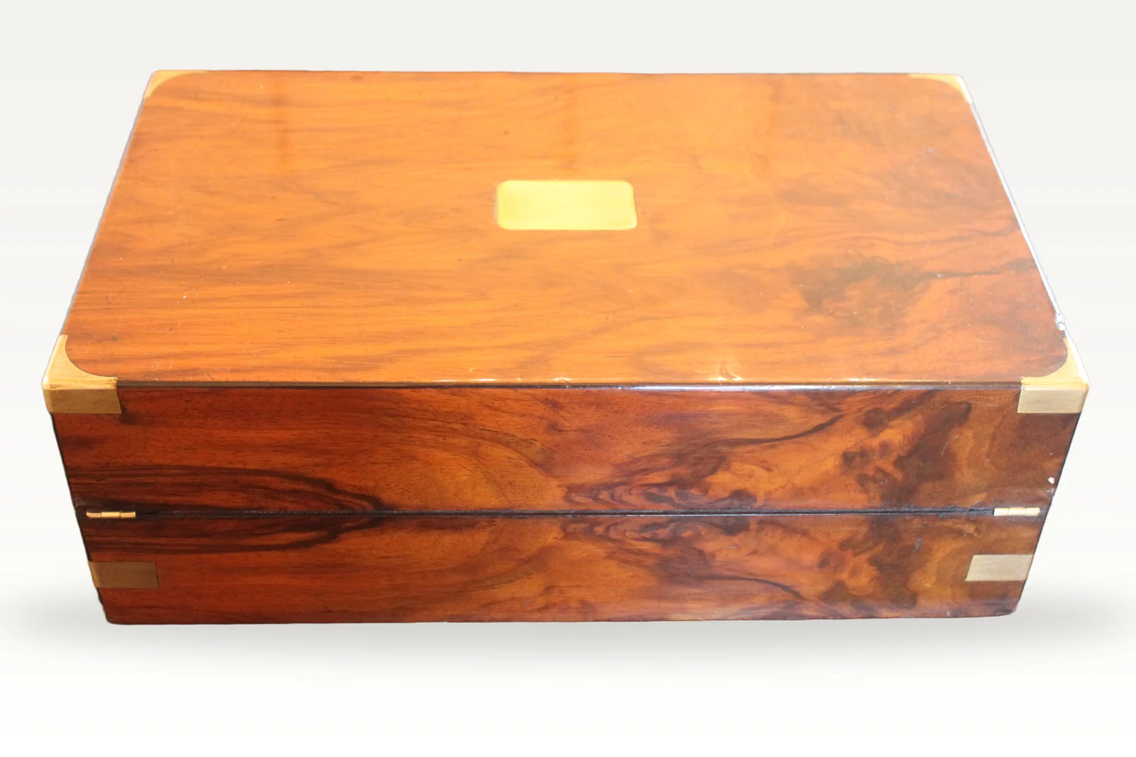 Victorian figured walnut writing slope with brass corners — view 4