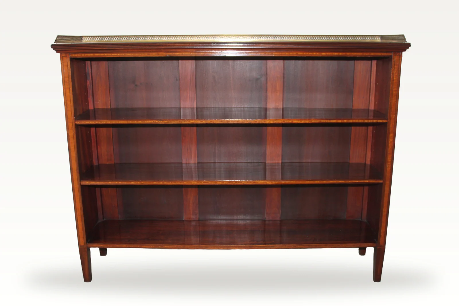 "Sheraton Revival" mahogany inlaid open bookcase — view 7