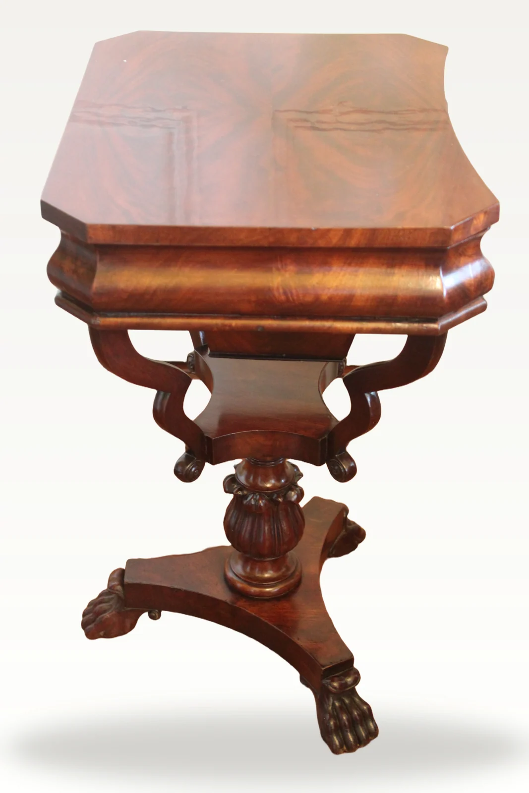 A lovely early Victorian curl grain mahogany sewing/work table — view 4