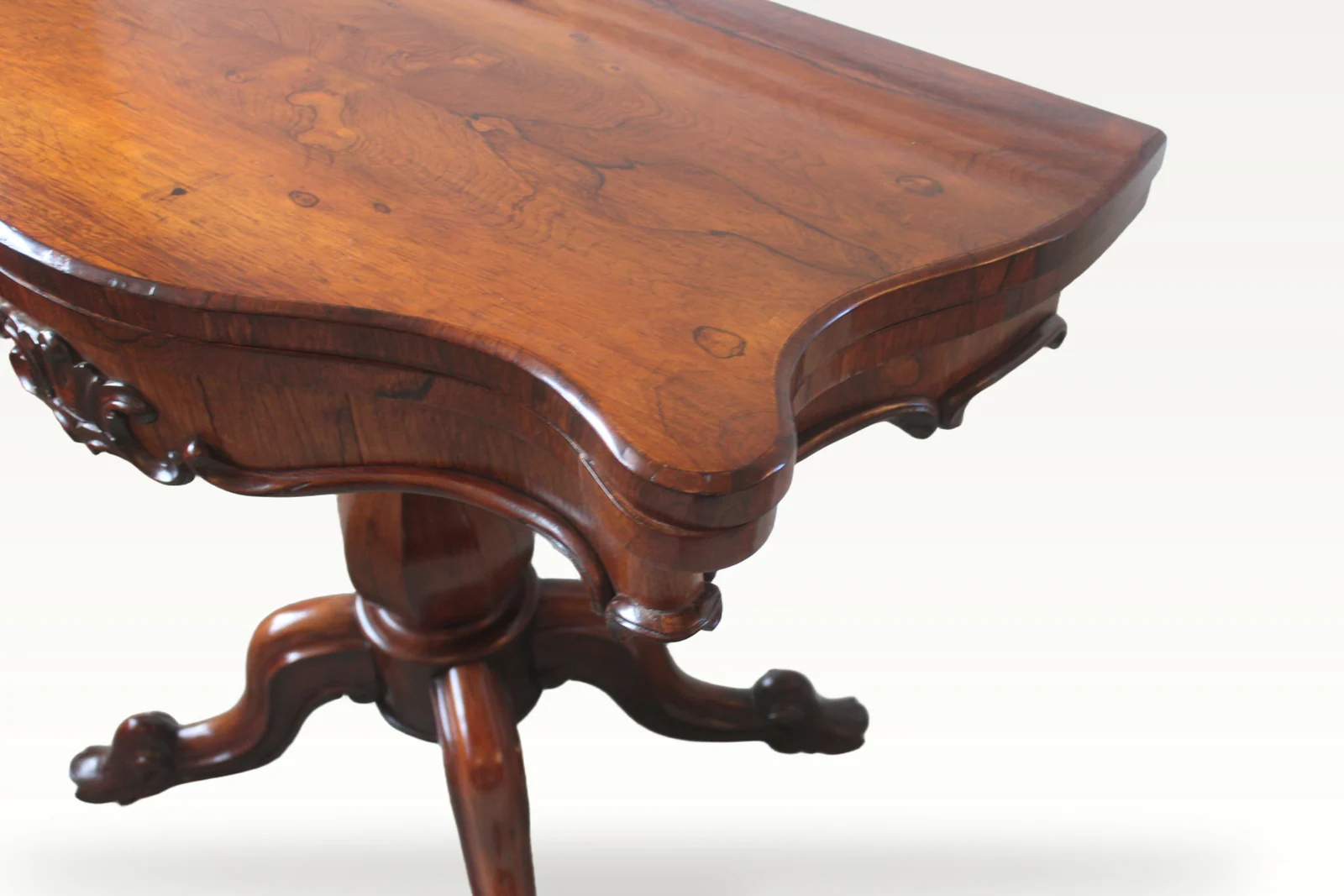Victorian rosewood serpentine foldover tea table — view 3