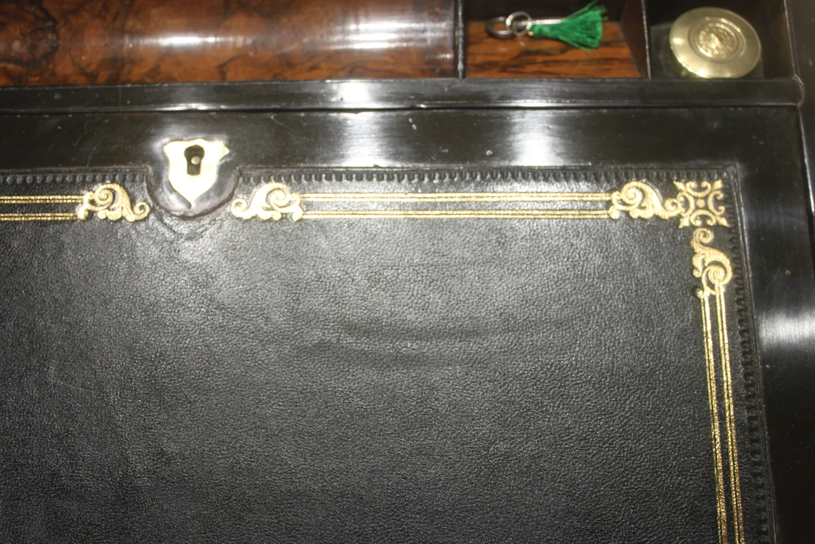 Victorian walnut and brass bound writing slope with Bramah lock, key and secret — view 12