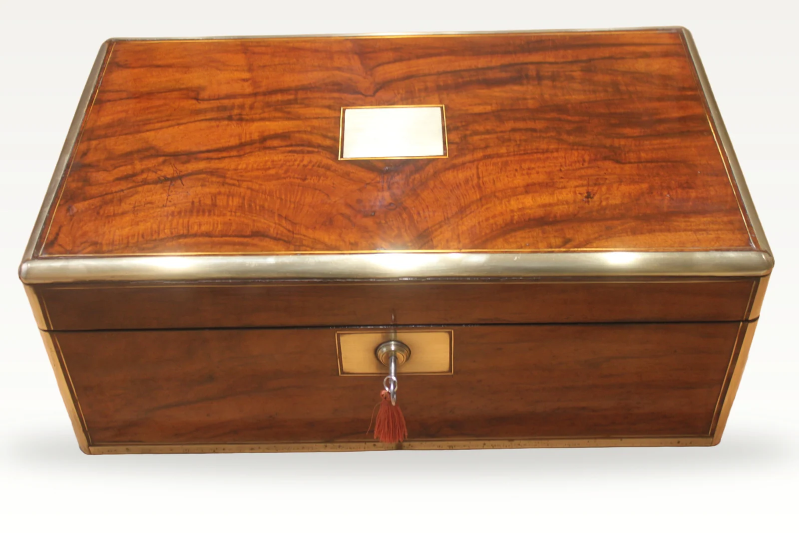 Victorian walnut and brass bound writing slope with Bramah lock, key and secret
