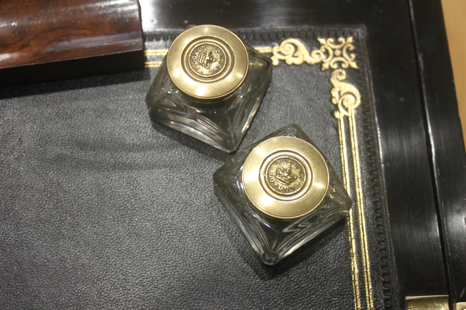 Victorian walnut and brass bound writing slope with Bramah lock, key and secret — view 10
