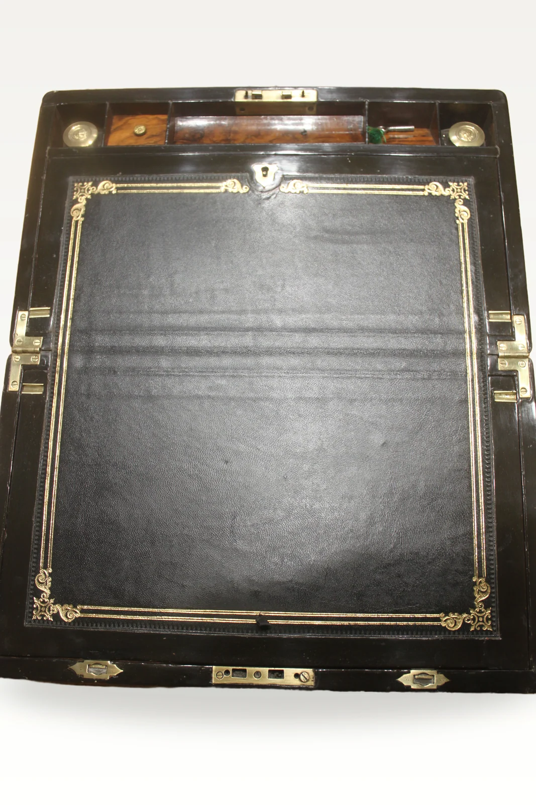 Victorian walnut and brass bound writing slope with Bramah lock, key and secret — view 5