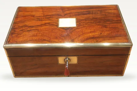 Victorian walnut and brass bound writing slope with Bramah lock, key and secret