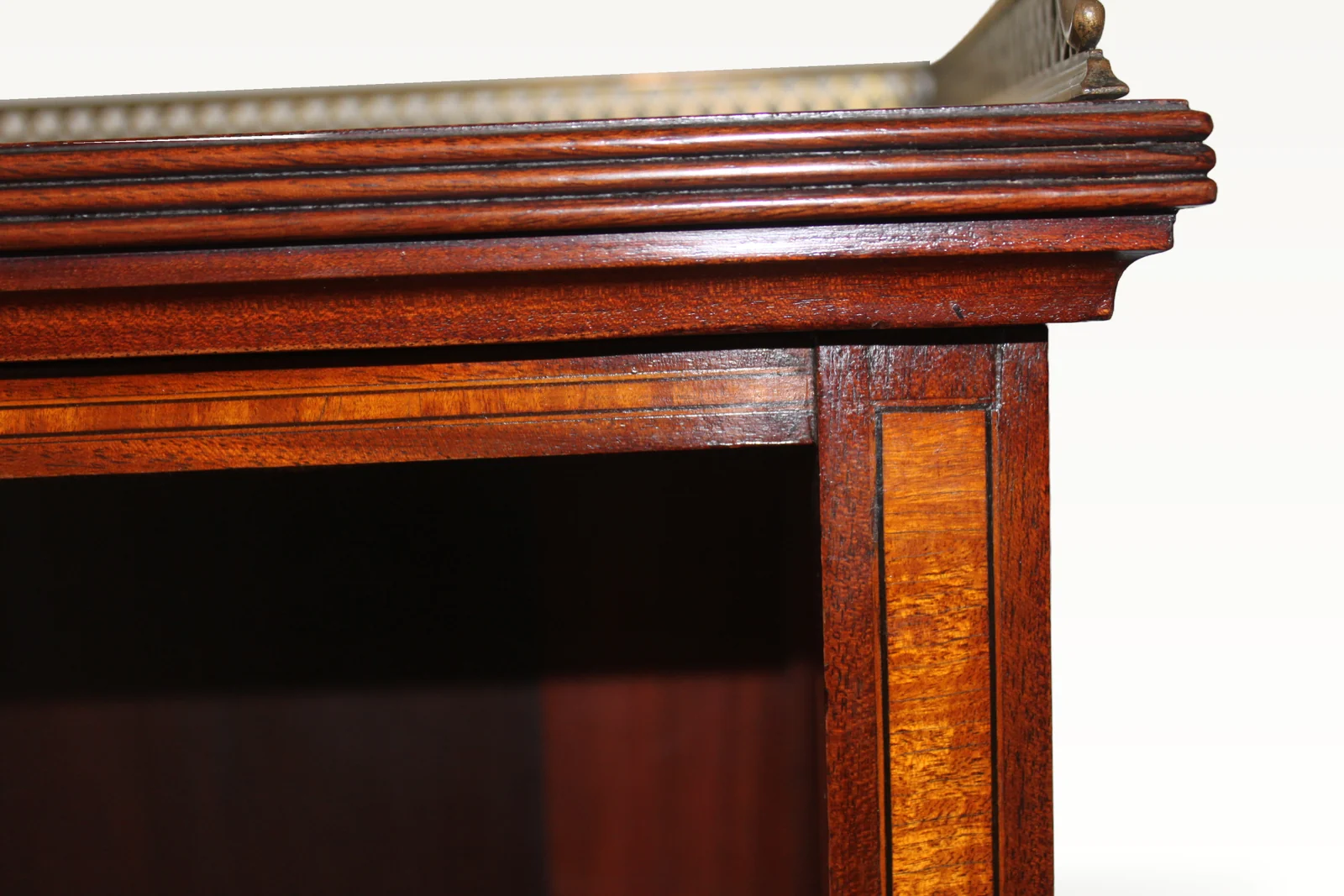 "Sheraton Revival" mahogany inlaid open bookcase — view 3