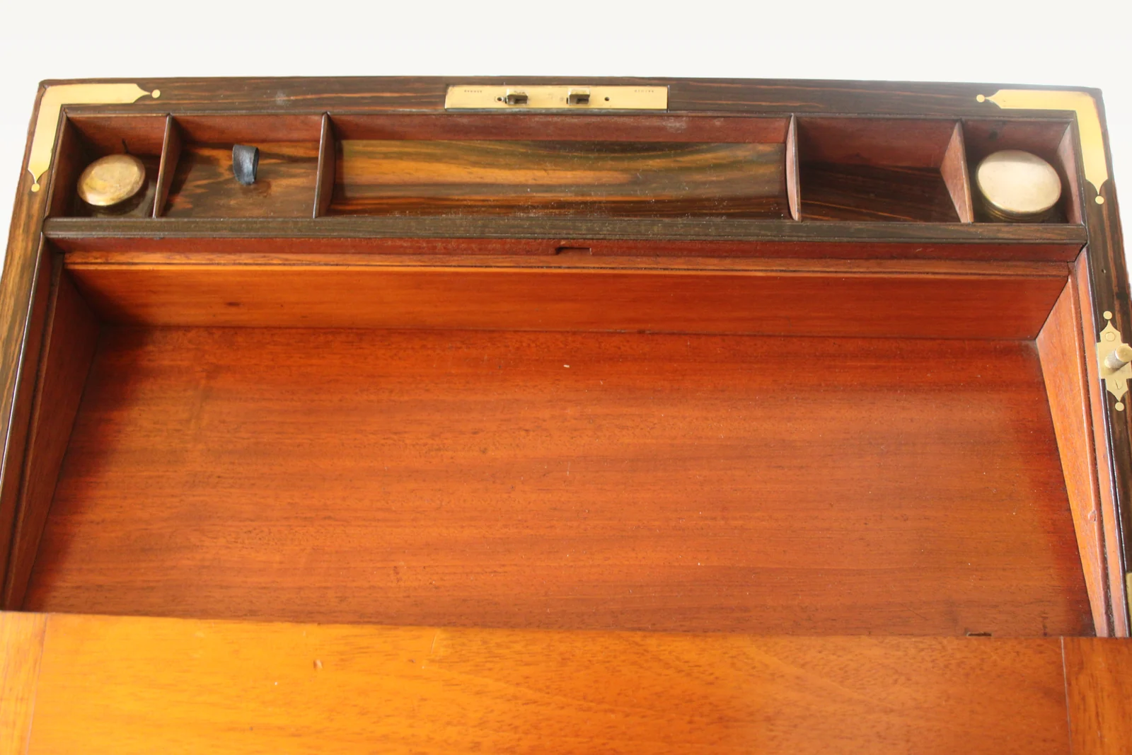 Victorian burr walnut writing slope with secret drawers and compartment. — view 11