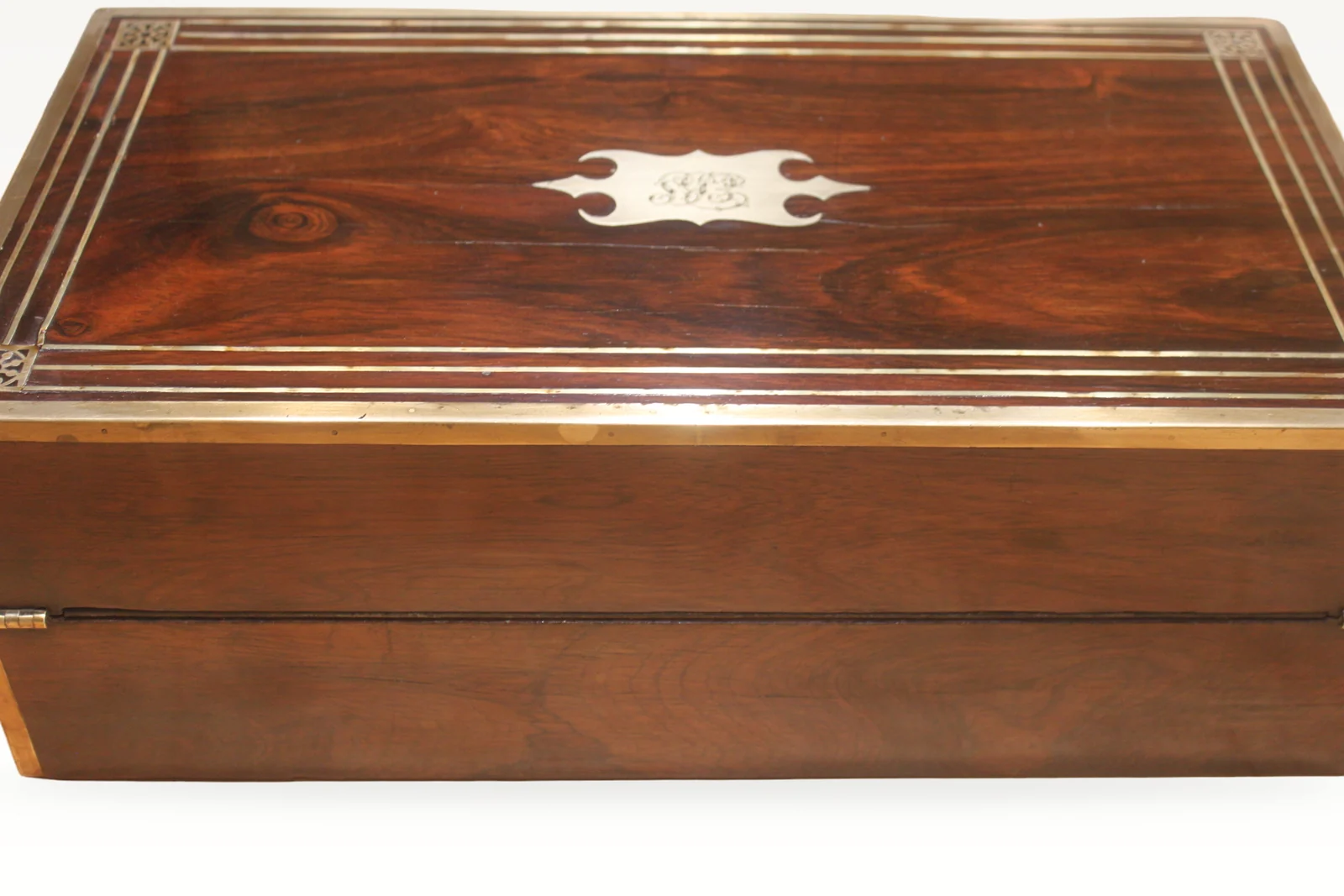 A substantial and impressive late Georgian rosewood and brass inlaid writing slo — view 3