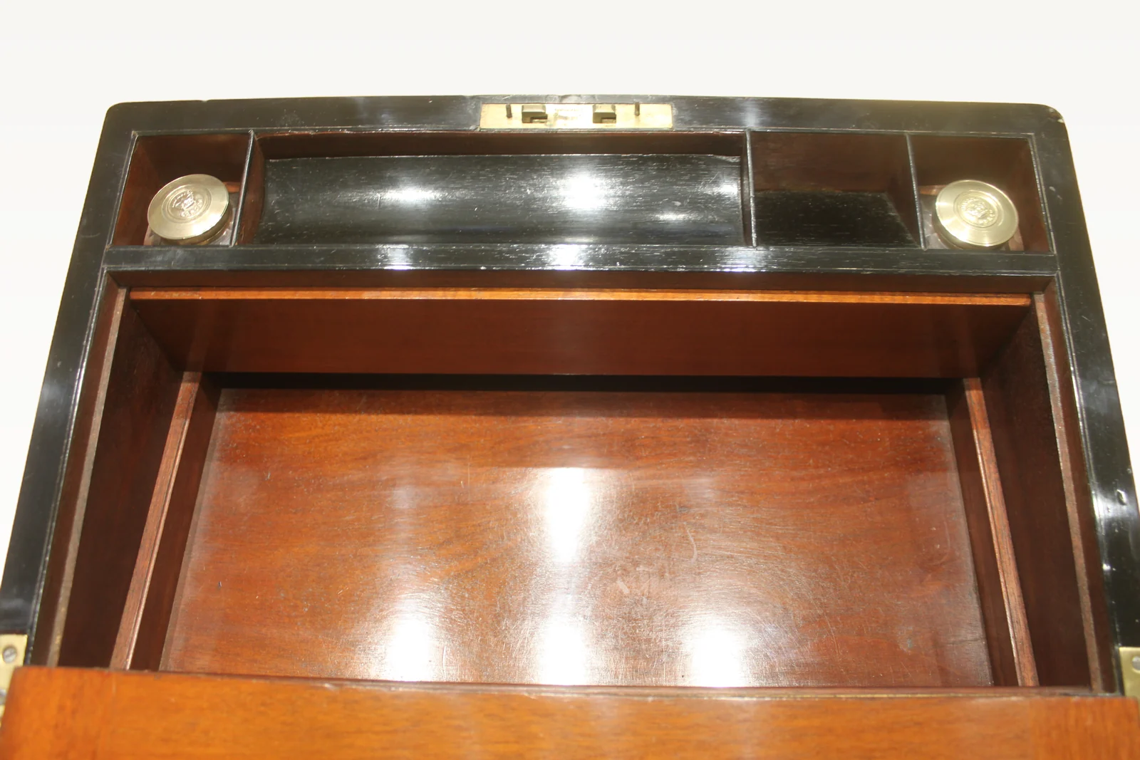 Burr walnut writing slope with secret drawers and Bramah lock — view 12