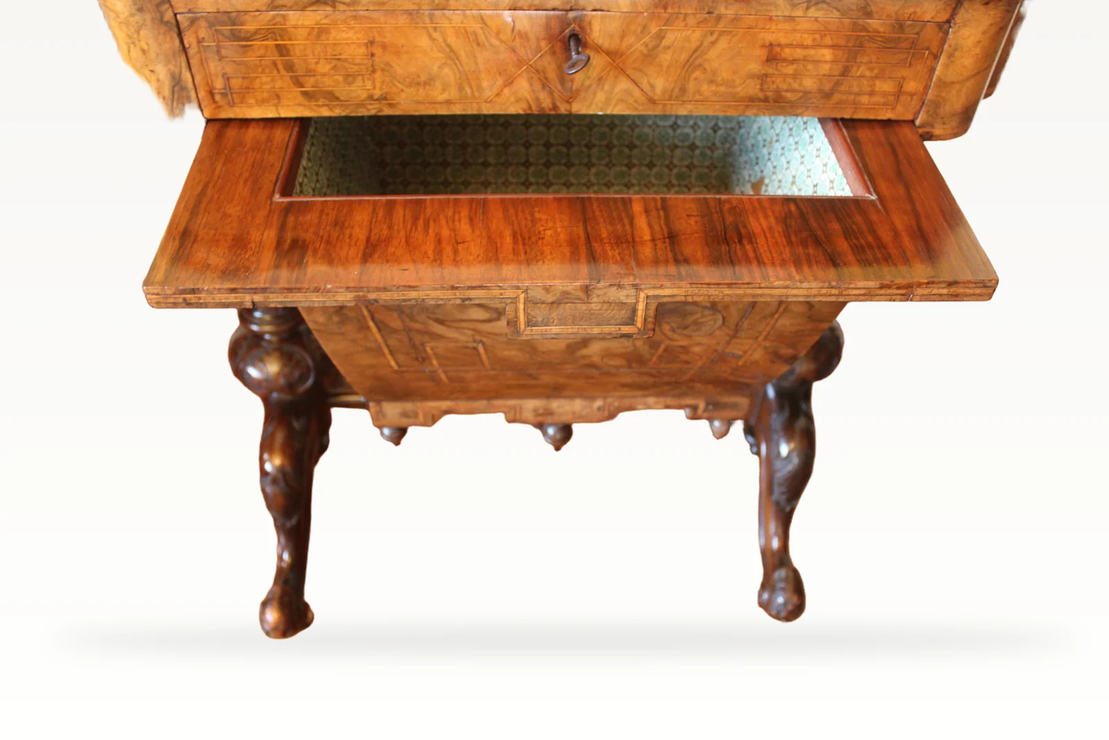 A Victorian burr walnut games sewing table — view 4