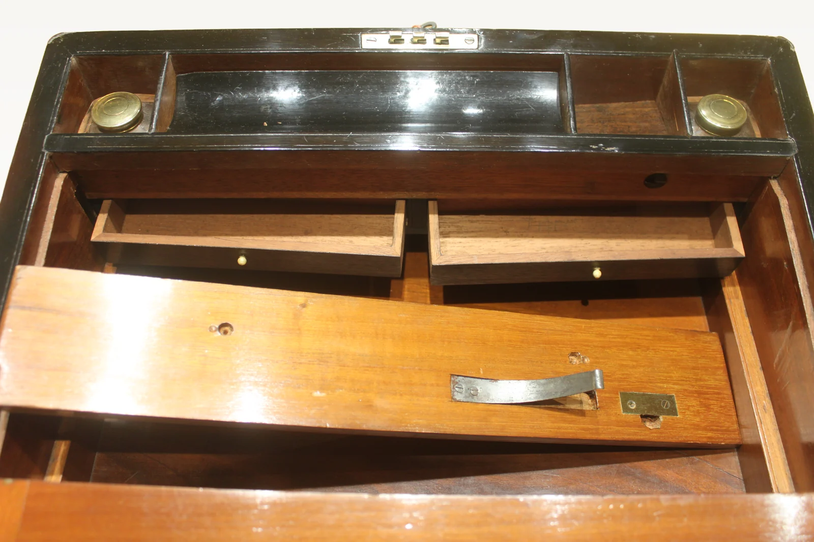 Victorian walnut and brass bound writing slope with secret drawers — view 10