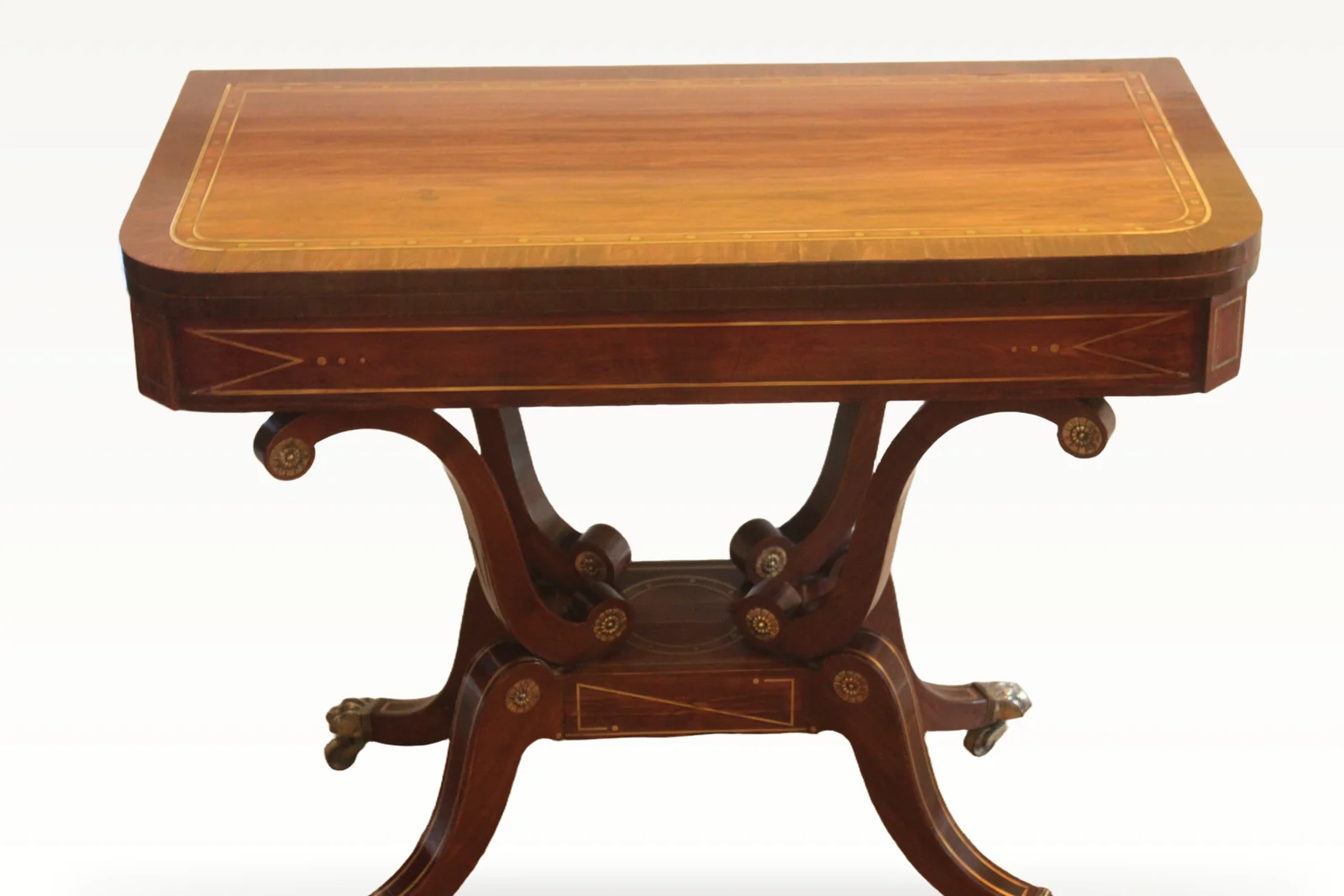 A fine Regency period mahogany brass inlaid fold-over card table — view 3
