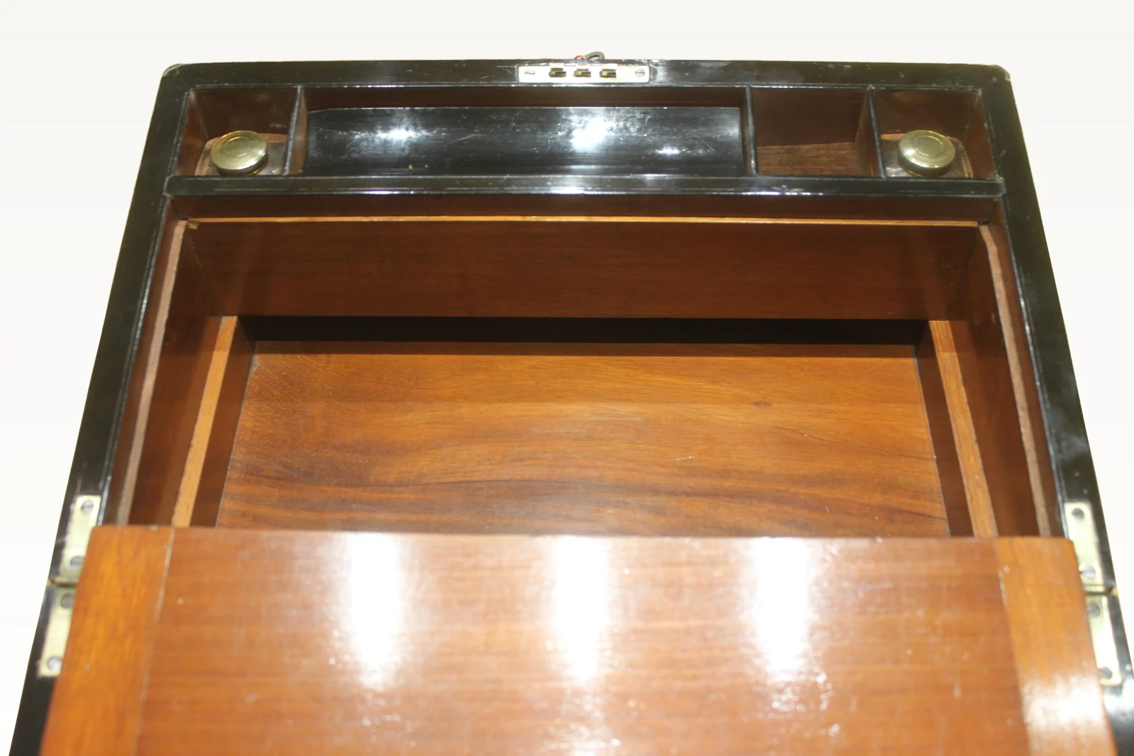 Victorian walnut and brass bound writing slope with secret drawers — view 8