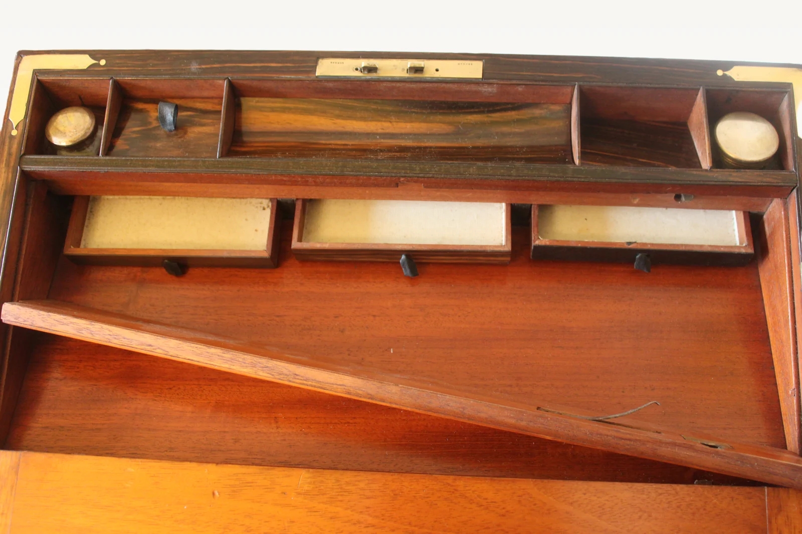 Victorian burr walnut writing slope with secret drawers and compartment. — view 12