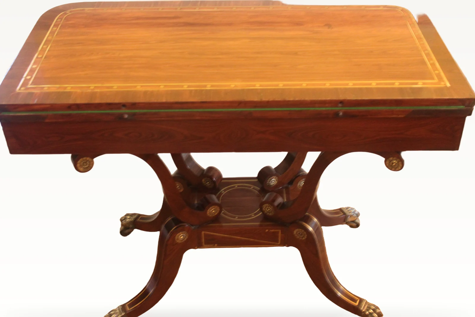 A fine Regency period mahogany brass inlaid fold-over card table — view 2
