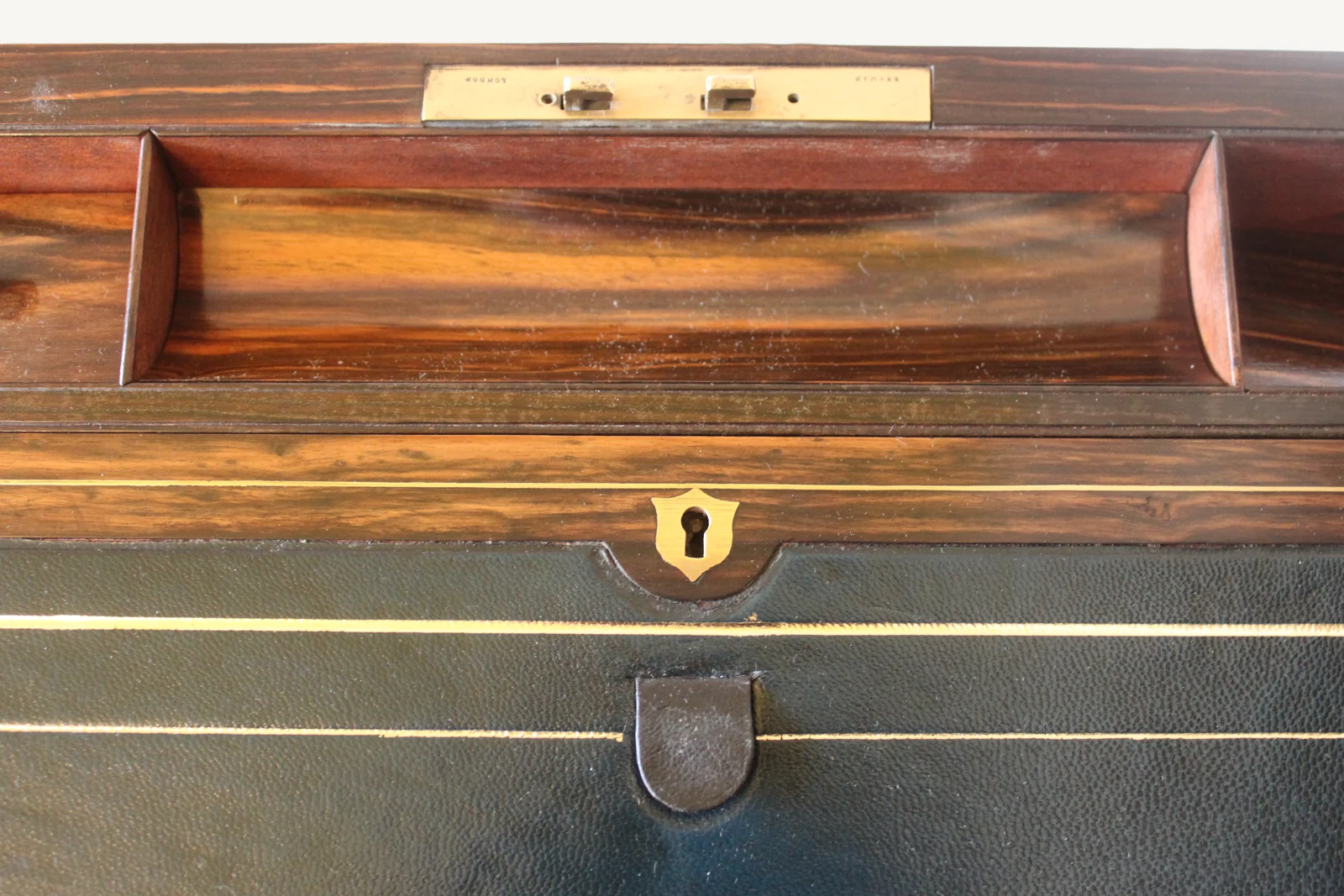 Victorian burr walnut writing slope with secret drawers and compartment. — view 10