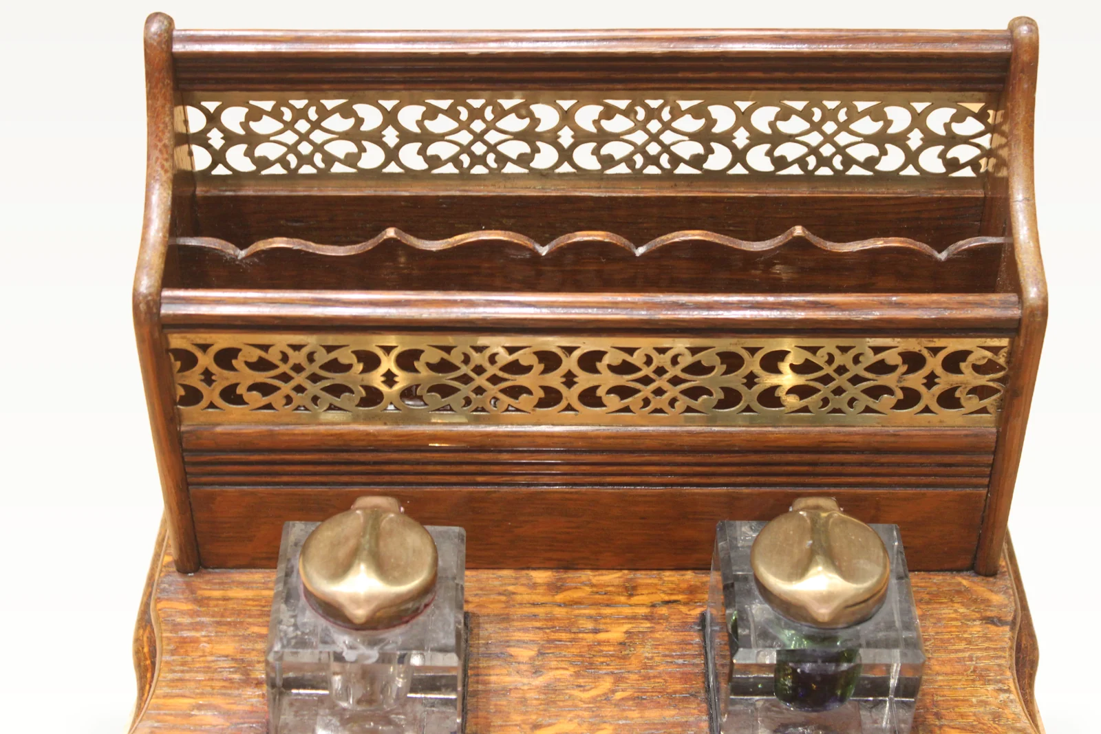 Late Victorian oak and brass desk tidy or standish — view 2