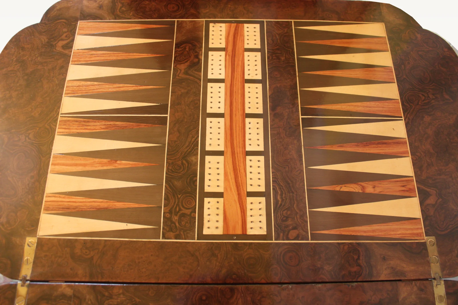 A Victorian burr walnut games sewing table — view 6