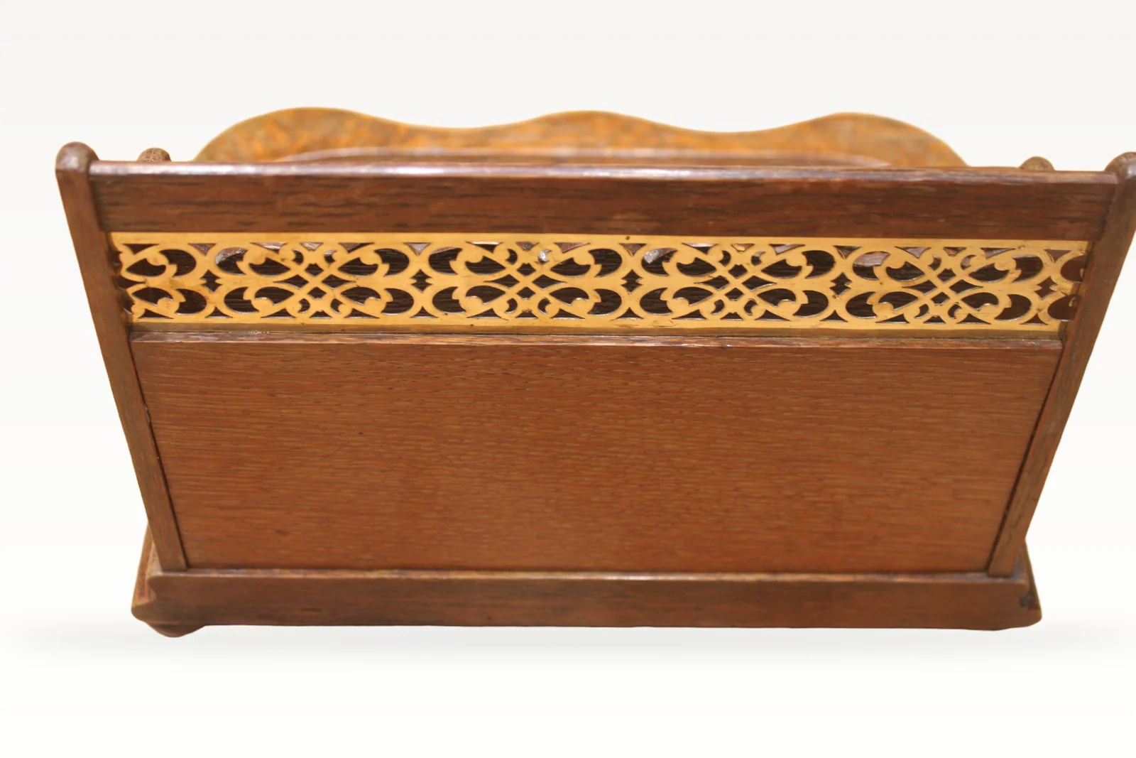Late Victorian oak and brass desk tidy or standish — view 6