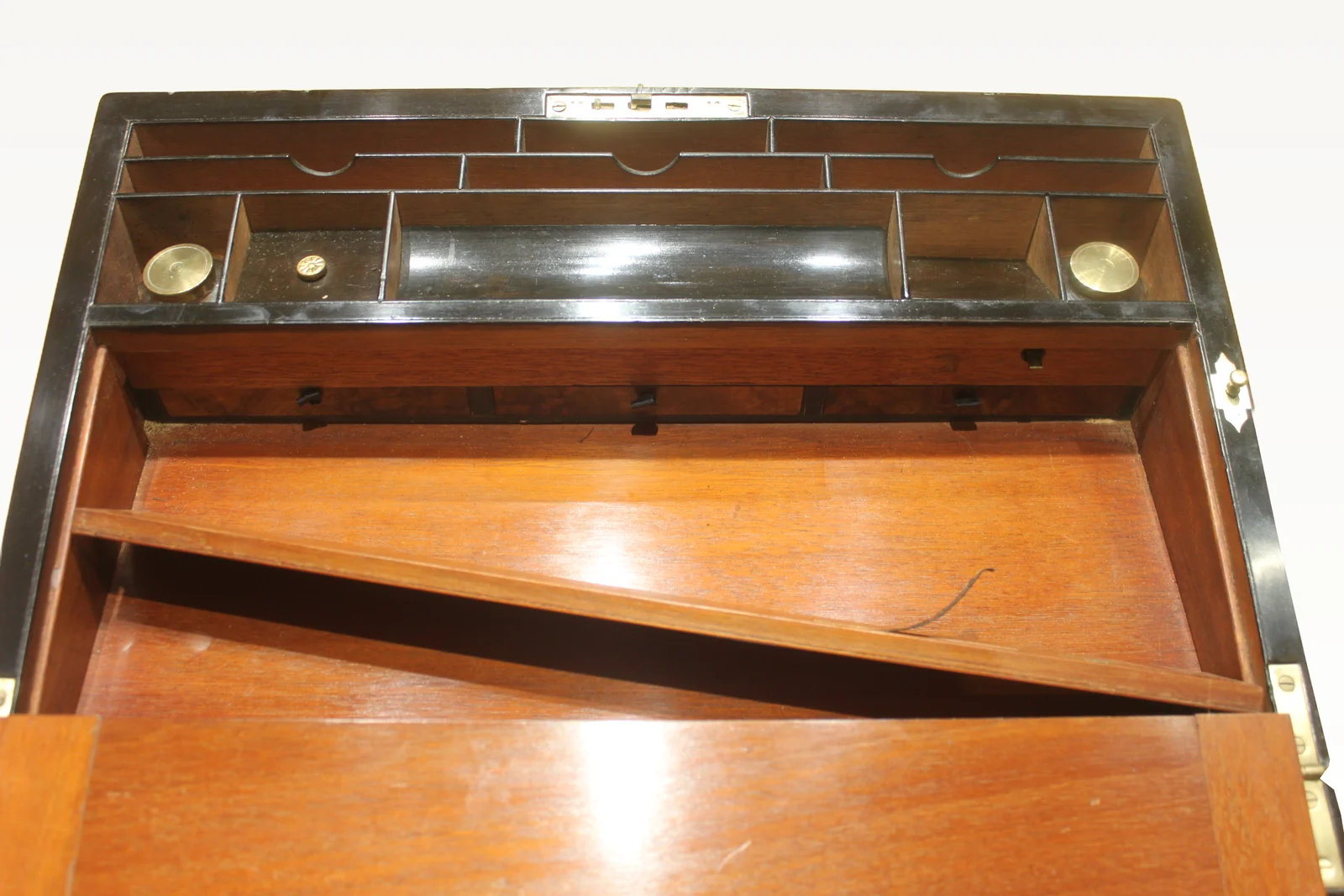 A large and impressive figured walnut and brass bound writing slope with secret — view 11