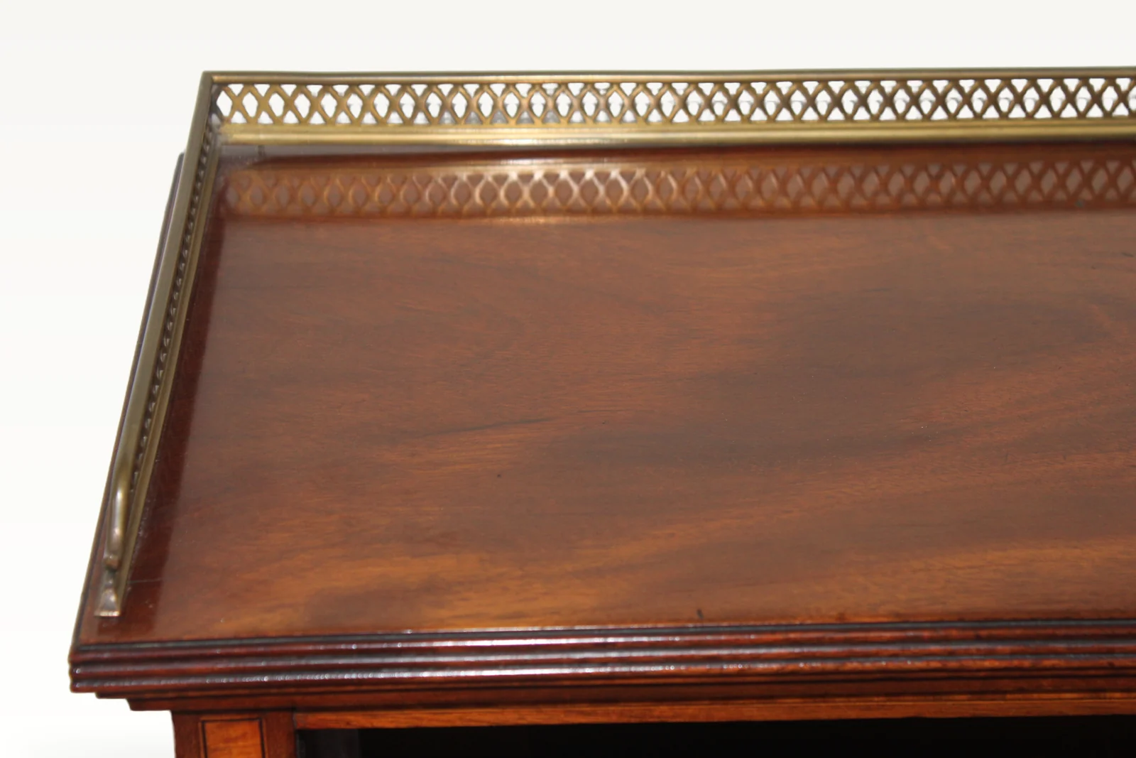 "Sheraton Revival" mahogany inlaid open bookcase — view 6