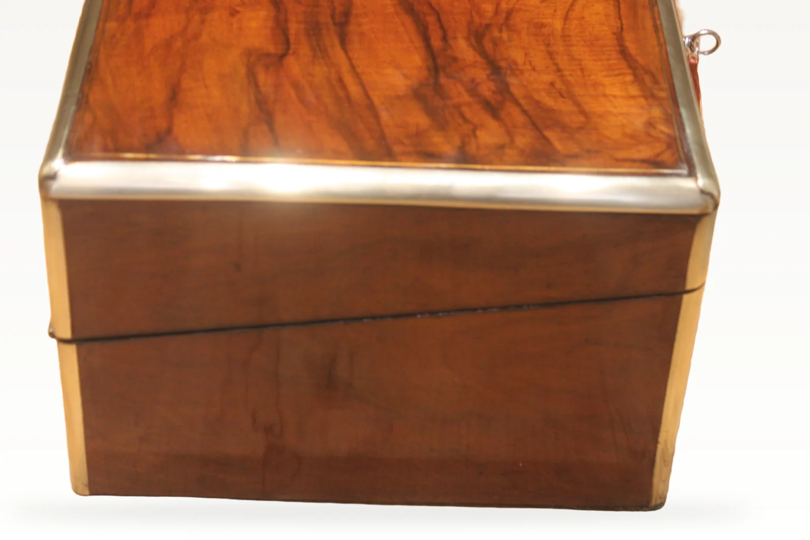 Victorian walnut and brass bound writing slope with Bramah lock, key and secret — view 4