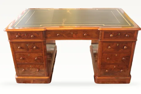 A rare Victorian burr walnut partners desk by Edwards & Roberts