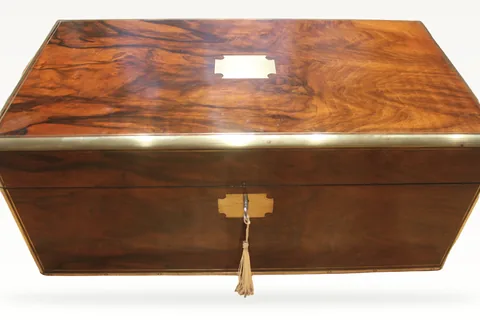 Large Victorian brass figured walnut writing slope with secret drawers 4903
